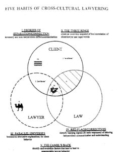 The Five Habits of Cross-cultural Lawyering. This image lists the five habits as well as displaying the three rings from Habit two, representing the Client, Lawyer, and Law in a Venn diagram. 